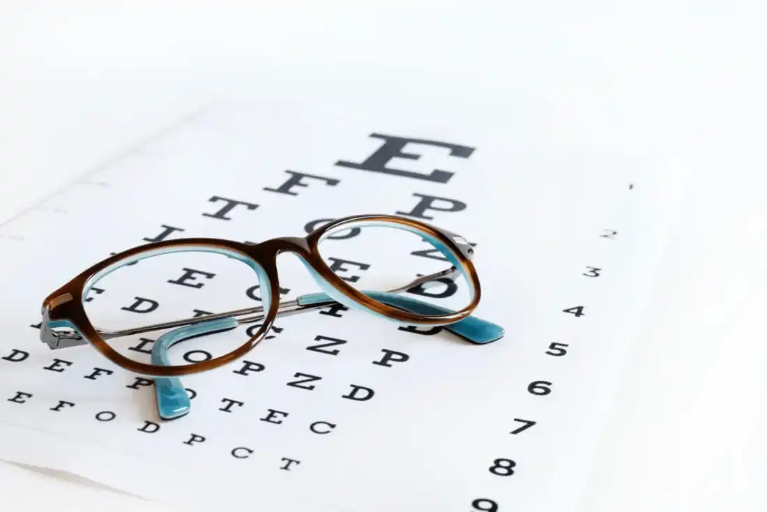 Glasses resting on an eye chart for a comprehensive eye exam in South Ogden, Utah